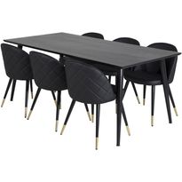 Ruokailuryhmä Venture Home, 180x90cm musta Dipp-pöytä + 6 mustaa Velvet Stitches-tuolia, keinonahka
