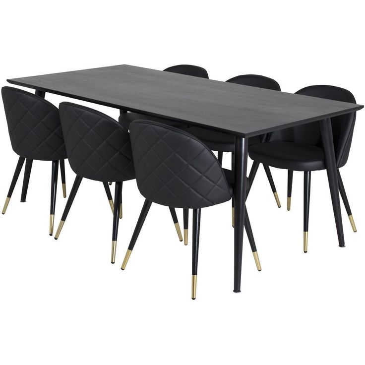 Ruokailuryhmä Venture Home, 180x90cm musta Dipp-pöytä + 6 mustaa Velvet Stitches-tuolia, keinonahka