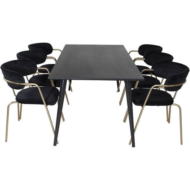 Ruokailuryhmä Venture Home, 180x90cm musta Dipp-pöytä + 6 Arrow-tuolia, sametti
