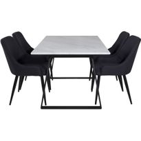Ruokailuryhmä Venture Home, 140x90cm valkoinen Estelle-pöytä + 4 mustaa Plaza-tuolia