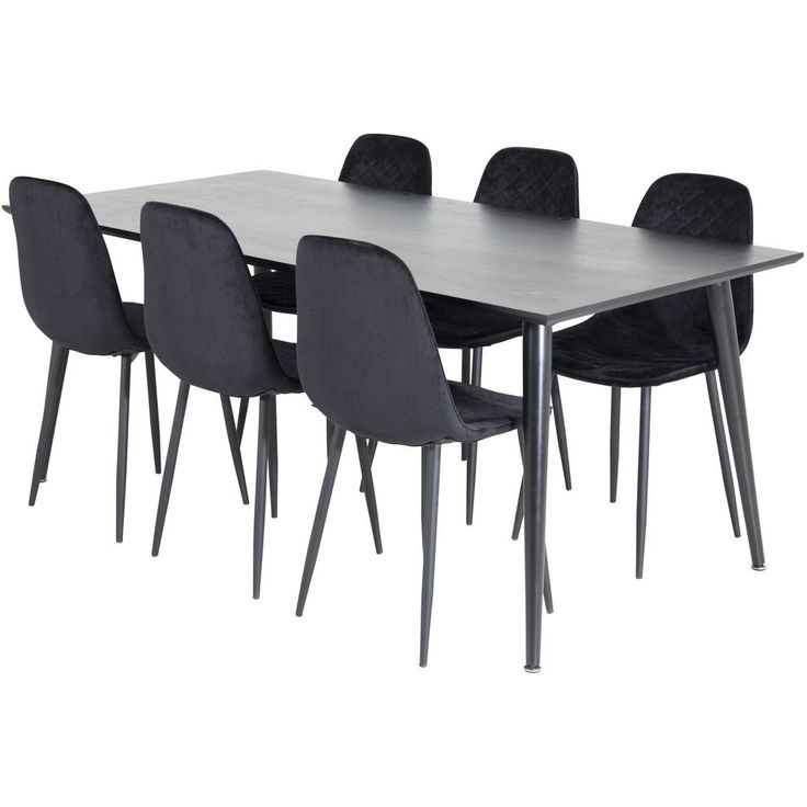 Ruokailuryhmä Venture Home, 180x90cm musta Dipp-pöytä + 6 mustaa Polar Diamond -tuolia, sametti