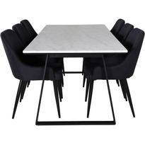 Ruokailuryhmä Venture Home, 200x90cm valkoinen Estelle-pöytä + 6 mustaa Plaza-tuolia