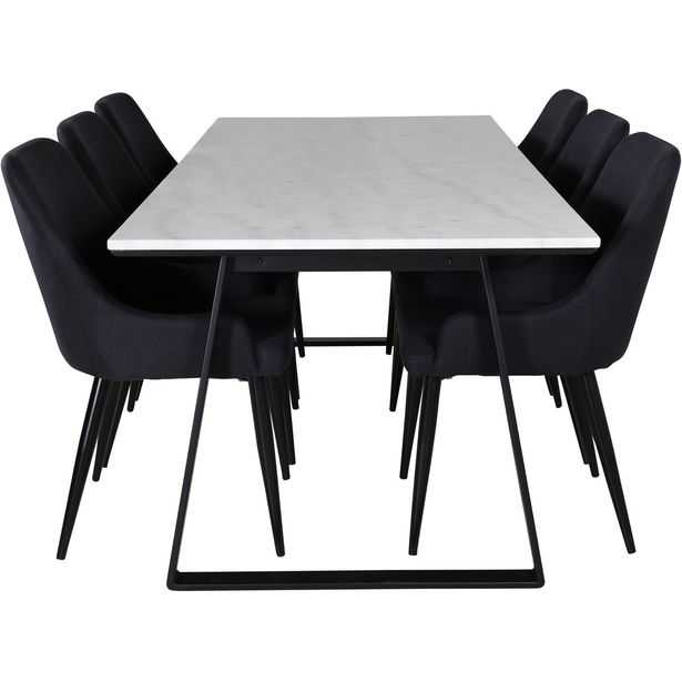 Ruokailuryhmä Venture Home, 200x90cm valkoinen Estelle-pöytä + 6 mustaa Plaza-tuolia