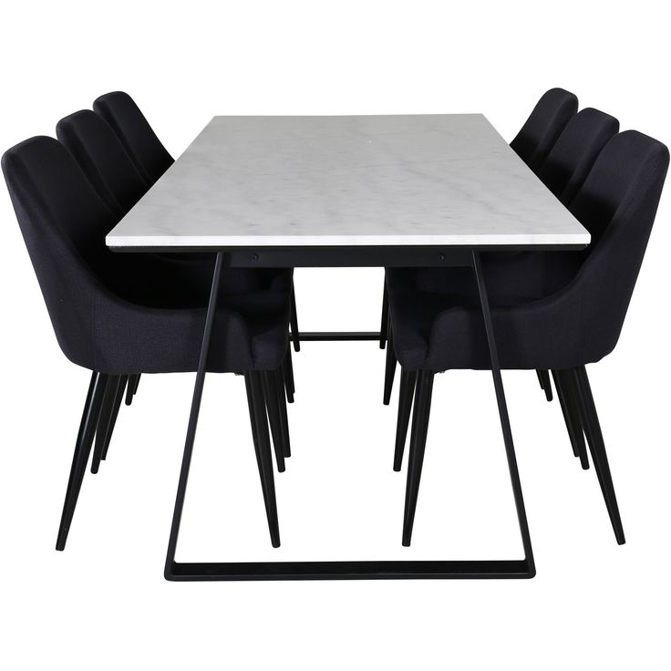 Ruokailuryhmä Venture Home, 200x90cm valkoinen Estelle-pöytä + 6 mustaa Plaza-tuolia