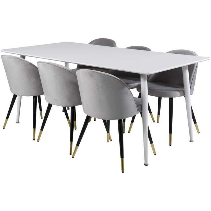 Ruokailuryhmä Venture Home, 180x90cm valkoinen Polar-pöytä + 6 vaaleanharmaata Velvet-tuolia, sametti/messinki