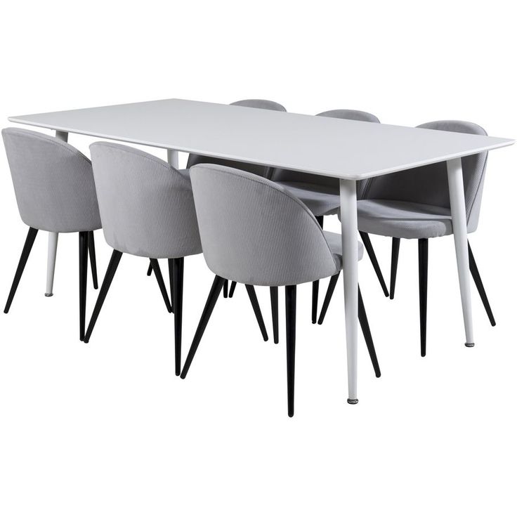 Ruokailuryhmä Venture Home, 180x90cm valkoinen Polar-pöytä + 6 vaaleanharmaata Velvet-tuolia, vakosametti