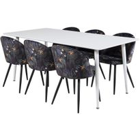 Ruokailuryhmä Venture Home, 180x90cm valkoinen Polar-pöytä + 6 mustaa Velvet-tuolia, kukkakuosi