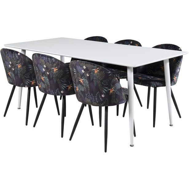 Ruokailuryhmä Venture Home, 180x90cm valkoinen Polar-pöytä + 6 mustaa Velvet-tuolia, kukkakuosi