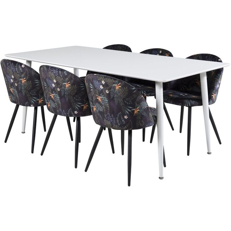 Ruokailuryhmä Venture Home, 180x90cm valkoinen Polar-pöytä + 6 mustaa Velvet-tuolia, kukkakuosi