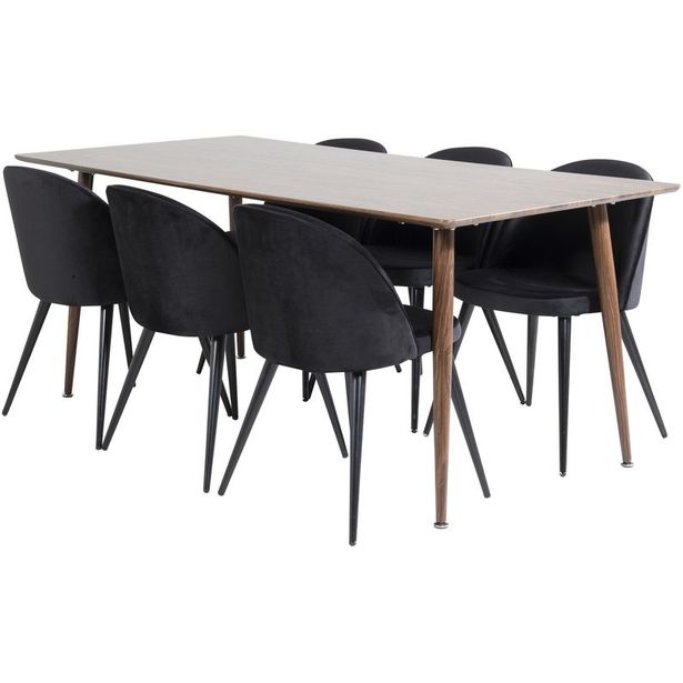 Ruokailuryhmä Venture Home, 180x90cm ruskea Polar-pöytä + 6 mustaa Velvet-tuolia, sametti