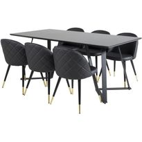 Ruokailuryhmä Venture Home, 180x90cm musta Marina-pöytä + 6 mustaa Velvet Stiches -tuolia, keinonahka