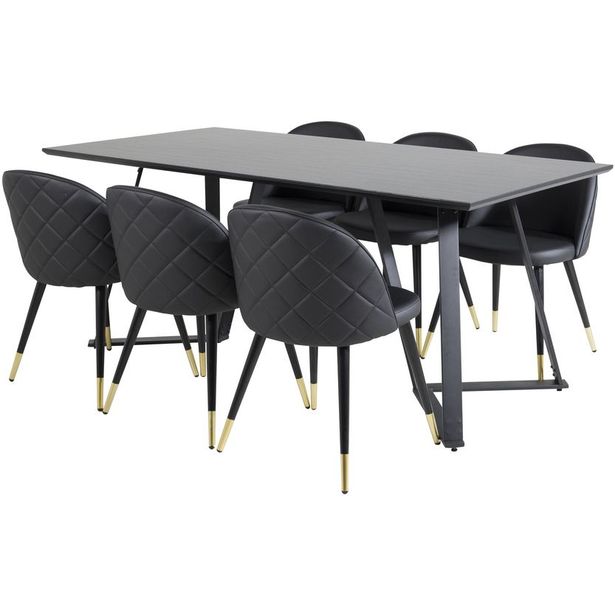 Ruokailuryhmä Venture Home, 180x90cm musta Marina-pöytä + 6 mustaa Velvet Stiches -tuolia, keinonahka