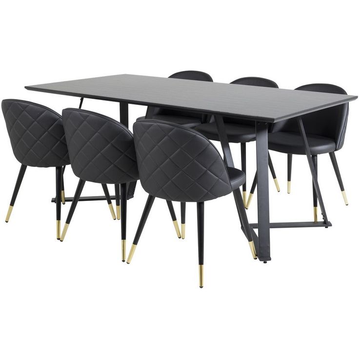 Ruokailuryhmä Venture Home, 180x90cm musta Marina-pöytä + 6 mustaa Velvet Stiches -tuolia, keinonahka