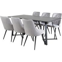 Ruokailuryhmä Venture Home, 180x90cm musta Marina-pöytä + 6 vaaleanharmaata Velvet Deluxe -tuolia