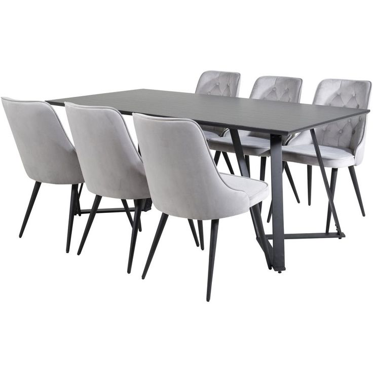 Ruokailuryhmä Venture Home, 180x90cm musta Marina-pöytä + 6 vaaleanharmaata Velvet Deluxe -tuolia