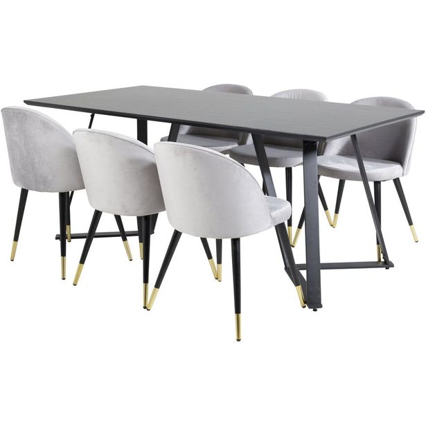 Ruokailuryhmä Venture Home, 180x90cm musta Marina-pöytä + 6 Velvet-tuolia, messinki