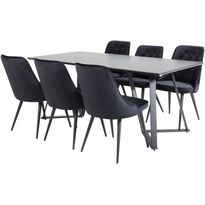 Ruokailuryhmä Venture Home, 180x90cm musta Marina-pöytä + 6 mustaa Velvet Deluxe -tuolia, sametti