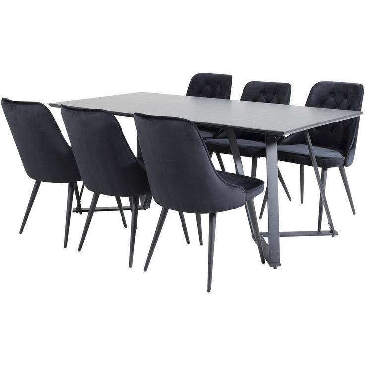 Ruokailuryhmä Venture Home, 180x90cm musta Marina-pöytä + 6 mustaa Velvet Deluxe -tuolia, sametti
