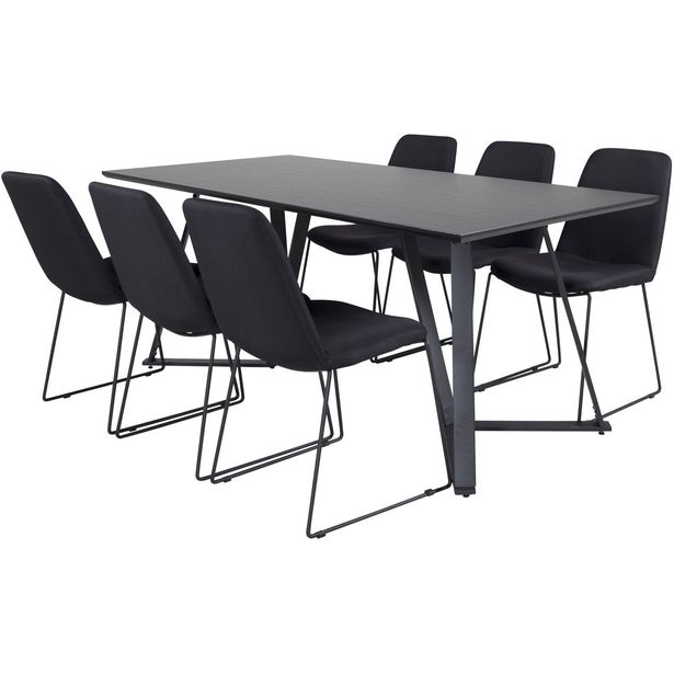 Ruokailuryhmä Venture Home, 180x90cm musta Marina-pöytä + 6 mustaa Muce-tuolia