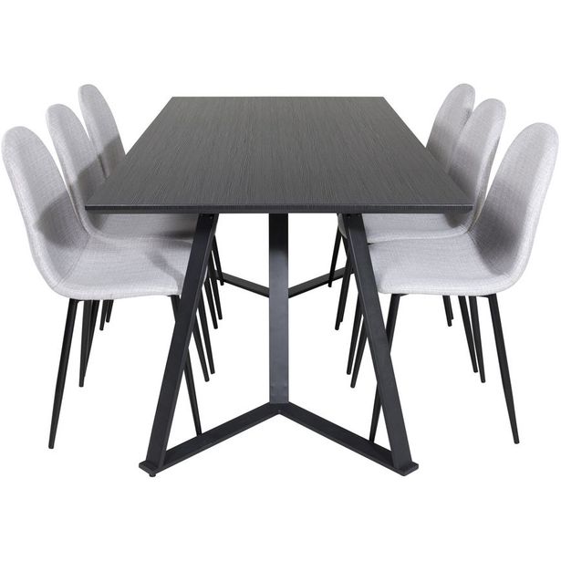 Ruokailuryhmä Venture Home, 180x90cm musta Marina-pöytä + 6 vaaleanharmaata Polar-tuolia