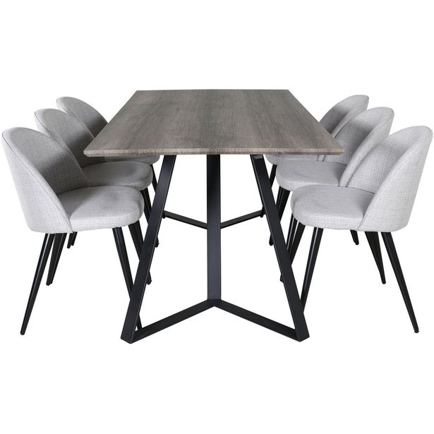 Ruokailuryhmä Venture Home, 180x90cm harmaa/musta Marina-pöytä + 6 vaaleanharmaata Velvet-tuolia