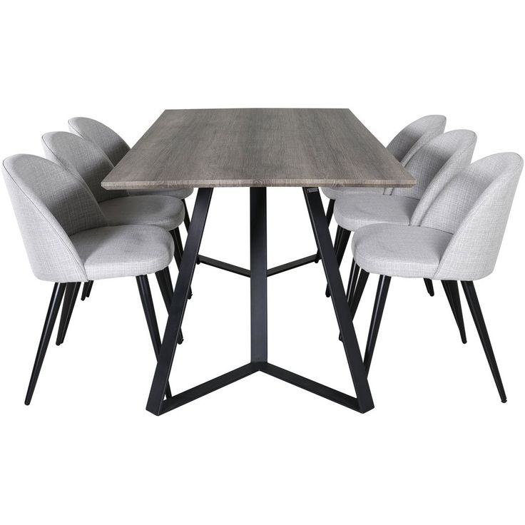 Ruokailuryhmä Venture Home, 180x90cm harmaa/musta Marina-pöytä + 6 vaaleanharmaata Velvet-tuolia