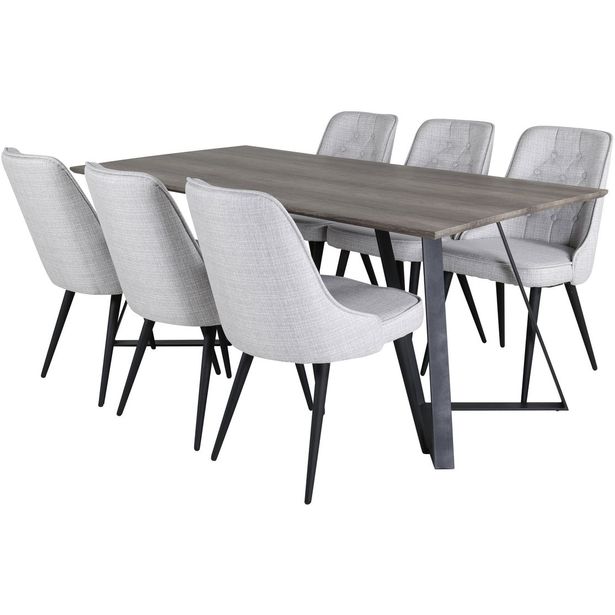 Ruokailuryhmä Venture Home, 180x90cm harmaa/musta Marina-pöytä + 6 harmaata Velvet Deluxe -tuolia