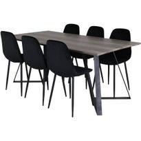Ruokailuryhmä Venture Home, 180x90cm harmaa/musta Marina-pöytä + 6 mustaa Polar Diamond -tuolia, sametti