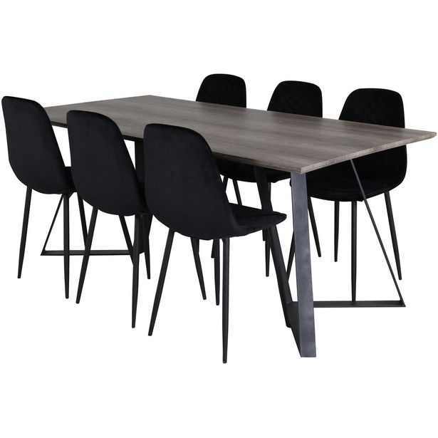 Ruokailuryhmä Venture Home, 180x90cm harmaa/musta Marina-pöytä + 6 mustaa Polar Diamond -tuolia, sametti