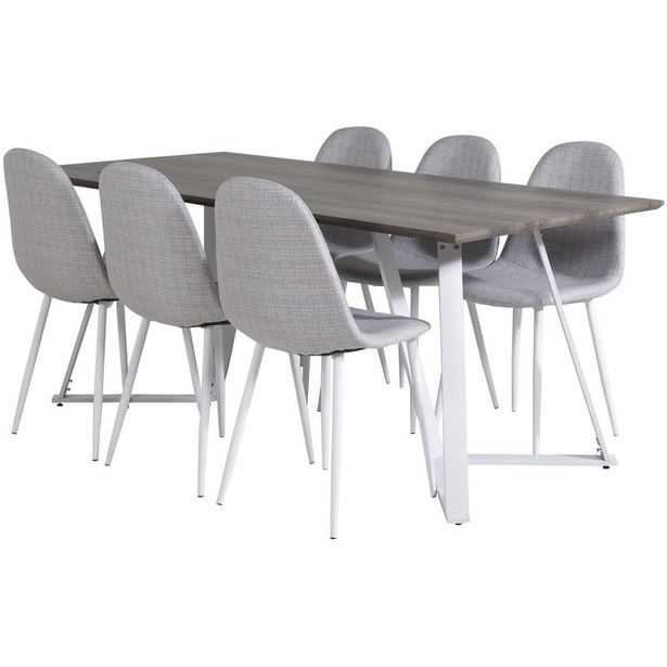 Ruokailuryhmä Venture Home, 180x90cm harmaa/valkoinen Marina-pöytä + 6 vaaleanharmaata Polar-tuolia