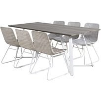 Ruokailuryhmä Venture Home, 180x90cm harmaa/valkoinen Marina-pöytä + 6 vaaleaa Cirebon-tuolia