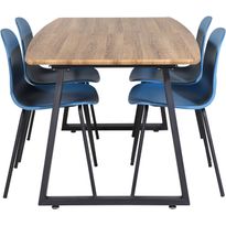 Jatkettava ruokailuryhmä Venture Home, 160/200x85cm pähkinänruskea Inca-pöytä + 4 sinistä Arctic-tuolia