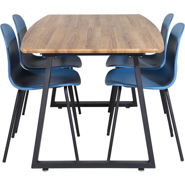Jatkettava ruokailuryhmä Venture Home, 160/200x85cm pähkinänruskea Inca-pöytä + 4 sinistä Arctic-tuolia