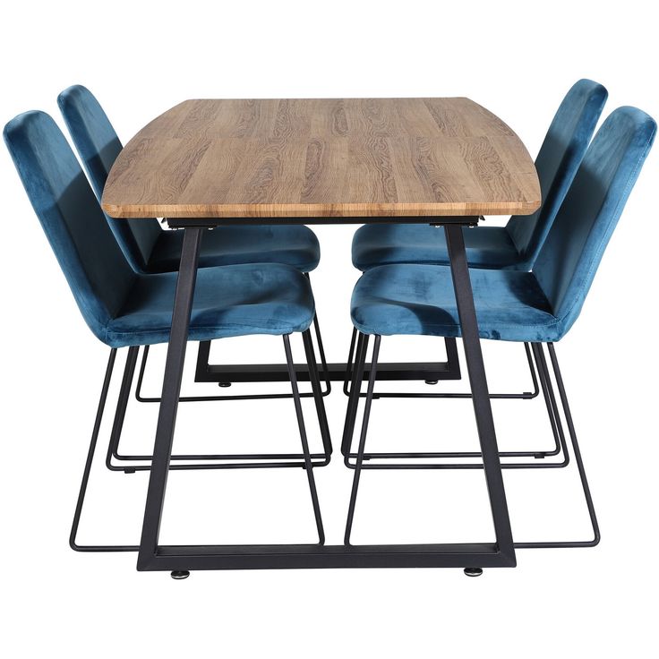 Jatkettava ruokailuryhmä Venture Home, 160/200x85cm pähkinänruskea Inca-pöytä + 4 sinistä Muce-tuolia