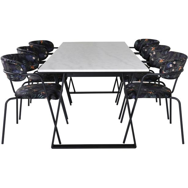 Ruokailuryhmä Venture Home, 200x90cm valkoinen Estelle-pöytä + 6 Arrow-tuolia, sametti