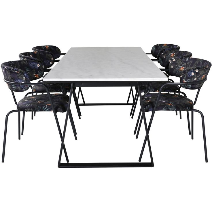 Ruokailuryhmä Venture Home, 200x90cm valkoinen Estelle-pöytä + 6 Arrow-tuolia, sametti