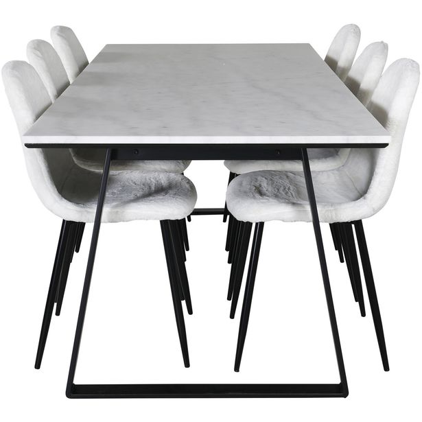 Ruokailuryhmä Venture Home, 200x90cm valkoinen Estelle-pöytä + 6 valkoista Polar-tuolia