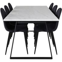 Ruokailuryhmä Venture Home, valkoinen 200x90cm Estelle-pöytä + 6 mustaa Polar-tuolia