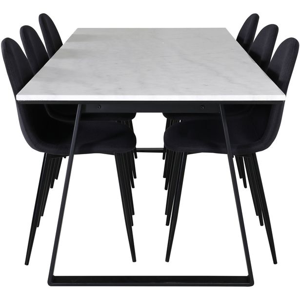 Ruokailuryhmä Venture Home, 200x90cm valkoinen Estelle-pöytä + 6 mustaa Polar-tuolia