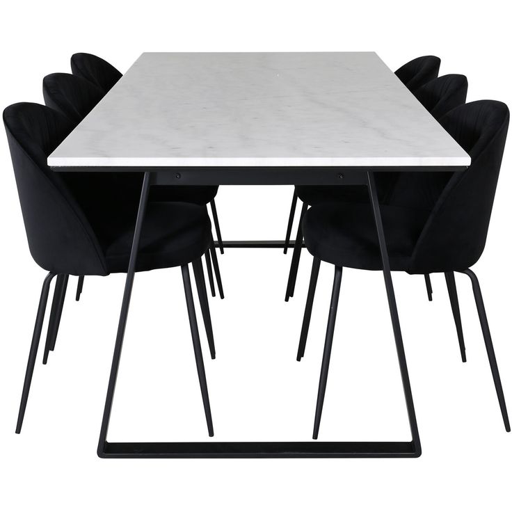Ruokailuryhmä Venture Home, 200x90cm valkoinen Estelle-pöytä + 6 mustaa Wrinkles-tuolia, sametti