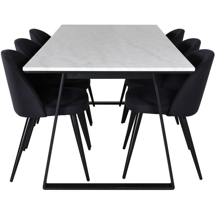 Ruokailuryhmä Venture Home, 200x90cm valkoinen Estelle-pöytä + 6 mustaa Velvet-tuolia