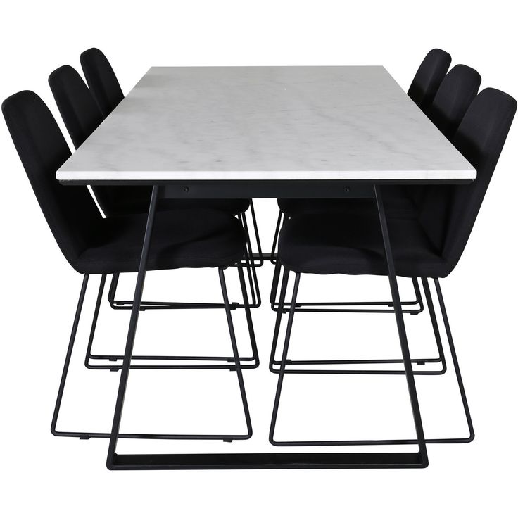 Ruokailuryhmä Venture Home, 200x90cm valkoinen Estelle-pöytä + 6 mustaa Muce-tuolia