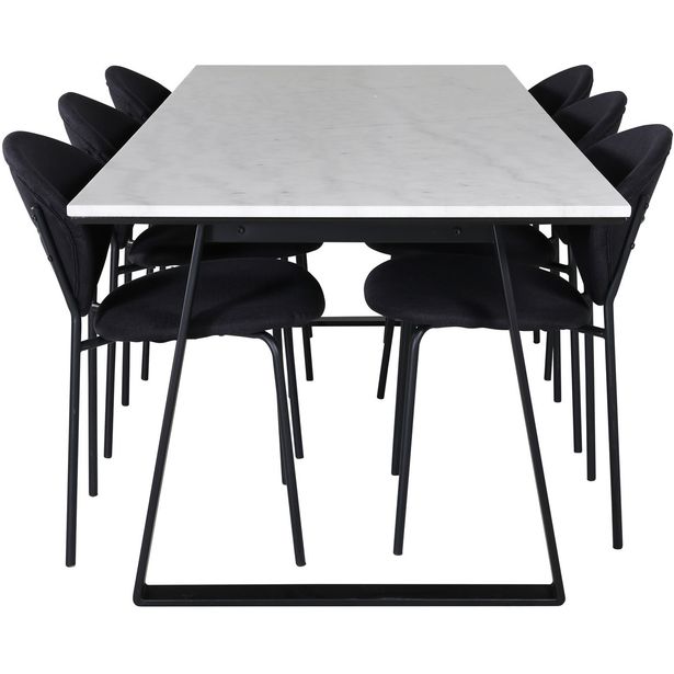 Ruokailuryhmä Venture Home, 200x90cm valkoinen Estelle-pöytä + 6 mustaa Vault-tuolia