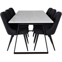 Ruokailuryhmä Venture Home, 200x90cm valkoinen Estelle-pöytä + 6 mustaa Velvet-tuolia Deluxe-tuolia