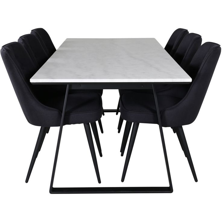 Ruokailuryhmä Venture Home, 200x90cm valkoinen Estelle-pöytä + 6 mustaa Velvet-tuolia Deluxe-tuolia