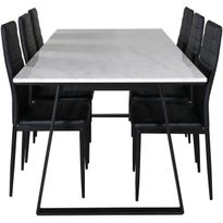 Ruokailuryhmä Venture Home, 200x90cm valkoinen Estelle-pöytä + 6 mustaa Slim-tuolia, keinonahka