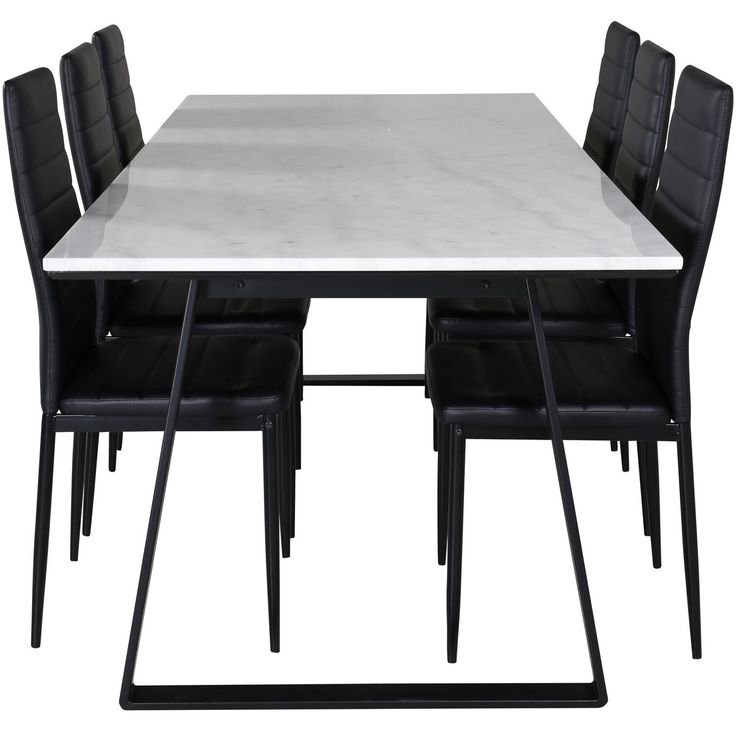 Ruokailuryhmä Venture Home, 200x90cm valkoinen Estelle-pöytä + 6 mustaa Slim-tuolia, keinonahka
