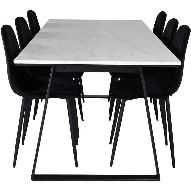 Ruokailuryhmä Venture Home, 200x90cm valkoinen Estelle-pöytä + 6 mustaa Polar-tuolia, sametti