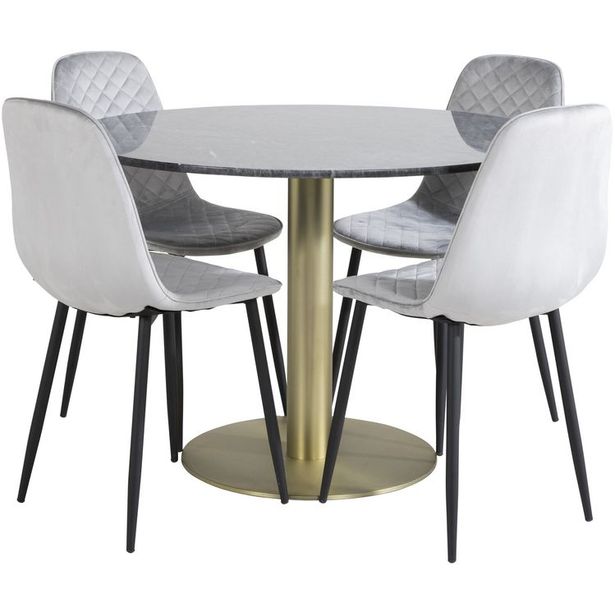 Ruokailuryhmä Venture Home, ⌀106cm Estelle-pöytä + 4 Polar Diamond -tuolia, sametti
