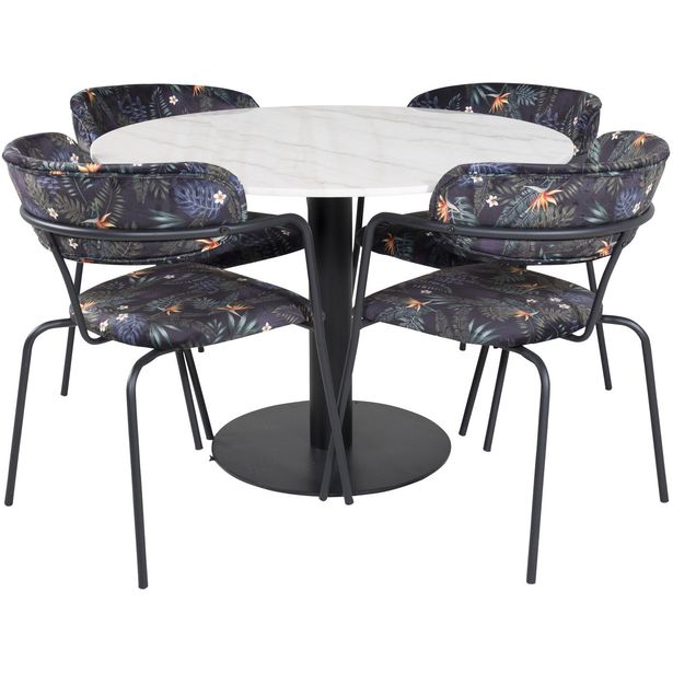 Pyöreä ruokailuryhmä Venture Home, Ø106cm valkoinen Estelle-pöytä + 4 mustaa Arrow-tuolia